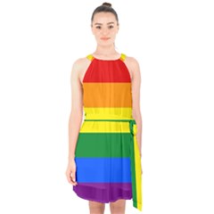 Pride Flag Halter Collar Waist Tie Chiffon Dress