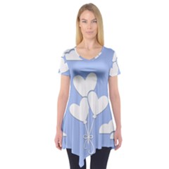 Clouds Sky Air Balloons Heart Blue Short Sleeve Tunic  by Nexatart