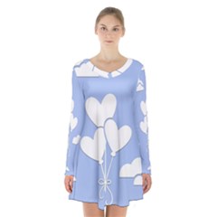 Clouds Sky Air Balloons Heart Blue Long Sleeve Velvet V-neck Dress