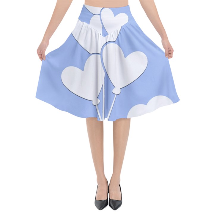 Clouds Sky Air Balloons Heart Blue Flared Midi Skirt