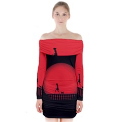 Girl Cat Scary Red Animal Pet Long Sleeve Off Shoulder Dress by Nexatart