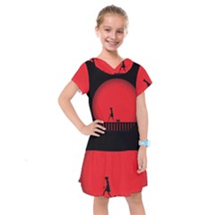 Girl Cat Scary Red Animal Pet Kids  Drop Waist Dress by Nexatart