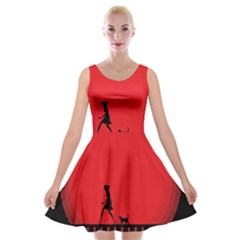 Girl Cat Scary Red Animal Pet Velvet Skater Dress by Nexatart