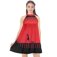 Girl Cat Scary Red Animal Pet Halter Neckline Chiffon Dress  by Nexatart