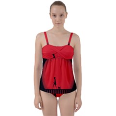 Girl Cat Scary Red Animal Pet Twist Front Tankini Set by Nexatart