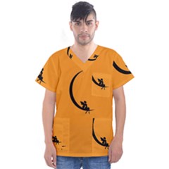 Angle Moon Scene Girl Wings Black Men s V-neck Scrub Top