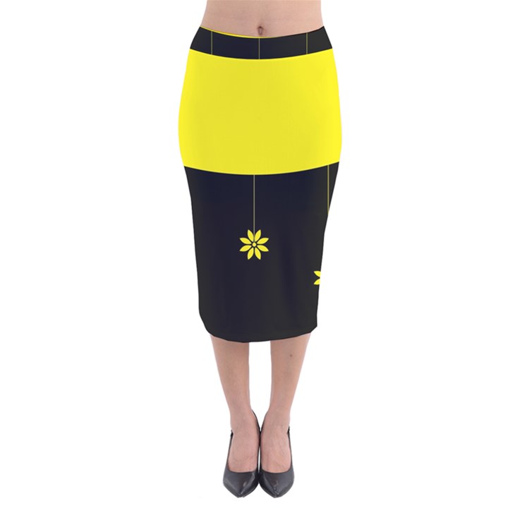 Flower Land Yellow Black Design Velvet Midi Pencil Skirt