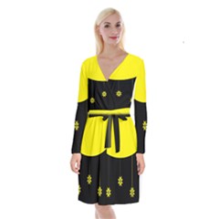 Flower Land Yellow Black Design Long Sleeve Velvet Front Wrap Dress by Nexatart