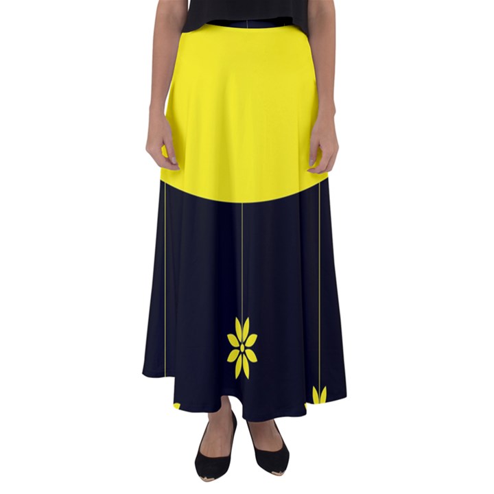 Flower Land Yellow Black Design Flared Maxi Skirt