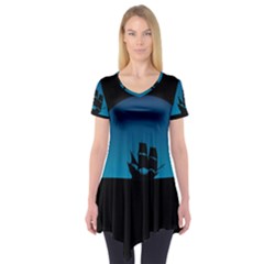 Ship Night Sailing Water Sea Sky Short Sleeve Tunic  by Nexatart