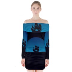 Ship Night Sailing Water Sea Sky Long Sleeve Off Shoulder Dress by Nexatart