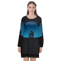 Ship Night Sailing Water Sea Sky Long Sleeve Chiffon Shift Dress 