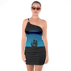 Ship Night Sailing Water Sea Sky One Soulder Bodycon Dress by Nexatart