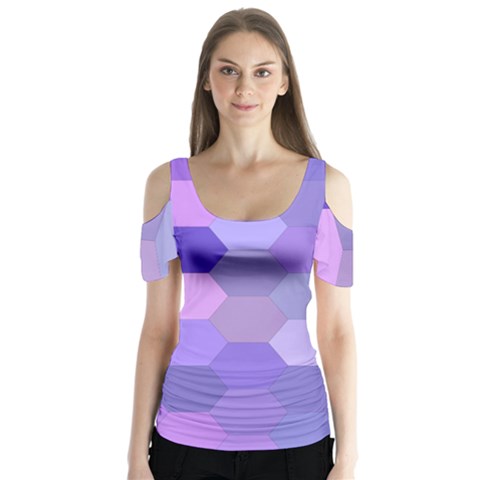 Purple Hexagon Background Cell Butterfly Sleeve Cutout Tee  by Nexatart