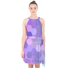 Purple Hexagon Background Cell Halter Collar Waist Tie Chiffon Dress by Nexatart