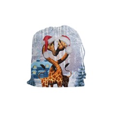 Christmas, Giraffe In Love With Christmas Hat Drawstring Pouches (medium)  by FantasyWorld7