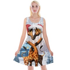 Christmas, Giraffe In Love With Christmas Hat Reversible Velvet Sleeveless Dress by FantasyWorld7