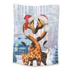 Christmas, Giraffe In Love With Christmas Hat Medium Tapestry by FantasyWorld7