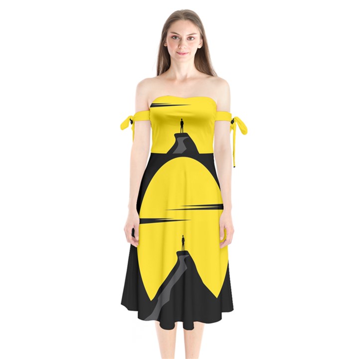 Man Mountain Moon Yellow Sky Shoulder Tie Bardot Midi Dress