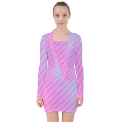 Diagonal Pink Stripe Gradient V-neck Bodycon Long Sleeve Dress by Nexatart