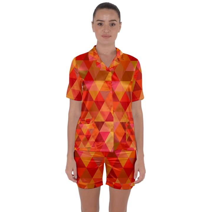 Red Hot Triangle Tile Mosaic Satin Short Sleeve Pyjamas Set