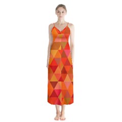 Red Hot Triangle Tile Mosaic Button Up Chiffon Maxi Dress