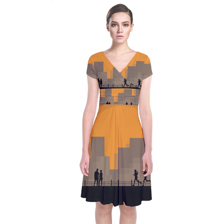 City Buildings Couple Man Women Short Sleeve Front Wrap Dress