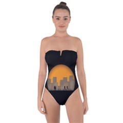 City Buildings Couple Man Women Tie Back One Piece Swimsuit