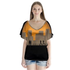 City Buildings Couple Man Women V-neck Flutter Sleeve Top by Nexatart