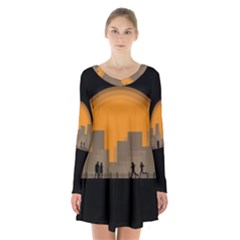 City Buildings Couple Man Women Long Sleeve Velvet V-neck Dress by Nexatart