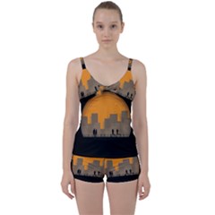 City Buildings Couple Man Women Tie Front Two Piece Tankini by Nexatart