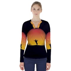 Horse Cowboy Sunset Western Riding V-neck Long Sleeve Top by Nexatart