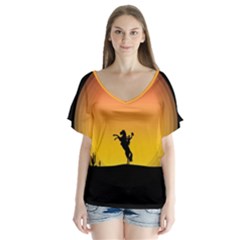 Horse Cowboy Sunset Western Riding V-neck Flutter Sleeve Top by Nexatart