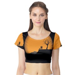 Couple Dog View Clouds Tree Cliff Short Sleeve Crop Top by Nexatart