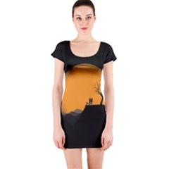 Couple Dog View Clouds Tree Cliff Short Sleeve Bodycon Dress by Nexatart