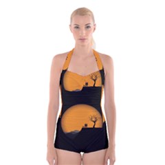 Couple Dog View Clouds Tree Cliff Boyleg Halter Swimsuit  by Nexatart