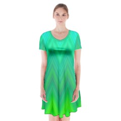 Green Zig Zag Chevron Classic Pattern Short Sleeve V-neck Flare Dress by Nexatart