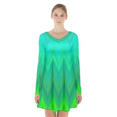 Green Zig Zag Chevron Classic Pattern Long Sleeve Velvet V-neck Dress by Nexatart