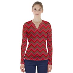 Background Retro Red Zigzag V-neck Long Sleeve Top by Nexatart