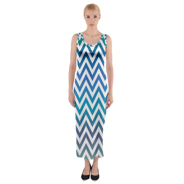 Blue Zig Zag Chevron Classic Pattern Fitted Maxi Dress