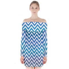 Blue Zig Zag Chevron Classic Pattern Long Sleeve Off Shoulder Dress by Nexatart