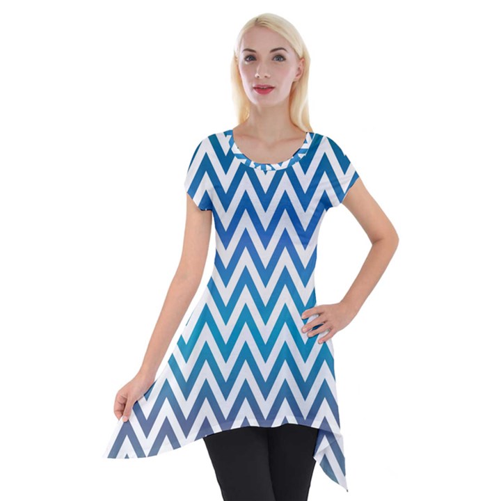 Blue Zig Zag Chevron Classic Pattern Short Sleeve Side Drop Tunic