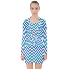 Blue Zig Zag Chevron Classic Pattern V-neck Bodycon Long Sleeve Dress by Nexatart