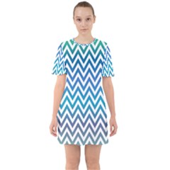 Blue Zig Zag Chevron Classic Pattern Sixties Short Sleeve Mini Dress by Nexatart