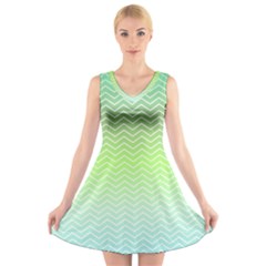 Green Line Zigzag Pattern Chevron V-neck Sleeveless Skater Dress by Nexatart