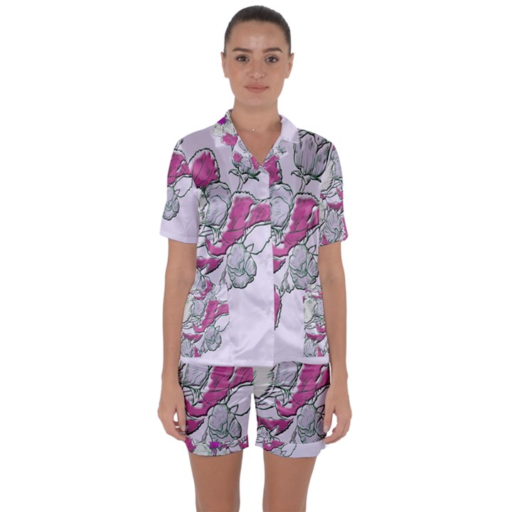 Bouquet Flowers Plant Purple Satin Short Sleeve Pyjamas Set