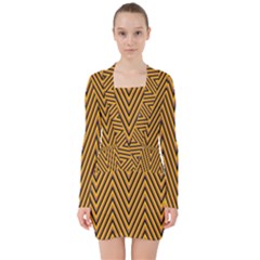 Chevron Brown Retro Vintage V-neck Bodycon Long Sleeve Dress by Nexatart