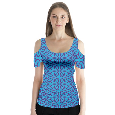 Monogram Blue Purple Background Butterfly Sleeve Cutout Tee  by Nexatart