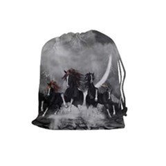 Awesome Wild Black Horses Running In The Night Drawstring Pouches (large) 