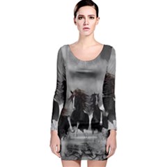 Awesome Wild Black Horses Running In The Night Long Sleeve Bodycon Dress by FantasyWorld7